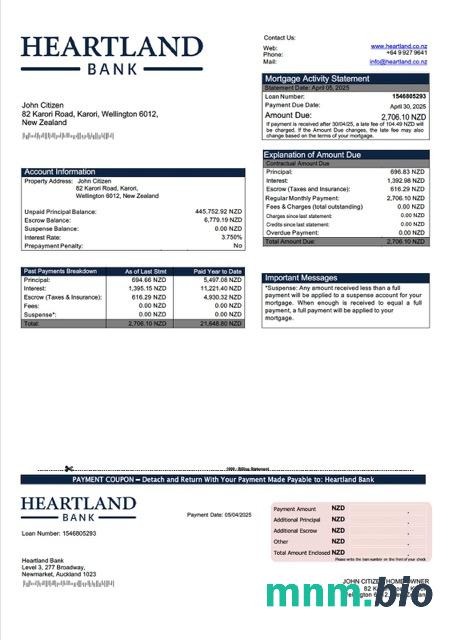 Nowa Zelandia Heartland Bank wyciąg z kredytu hipotecznego szablon Word i PDF
